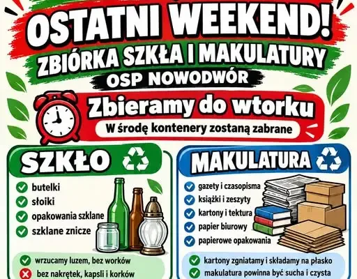 Nowodwór: ostatni dzwonek na zbiórkę szkła i makulatury przy remizie OSP