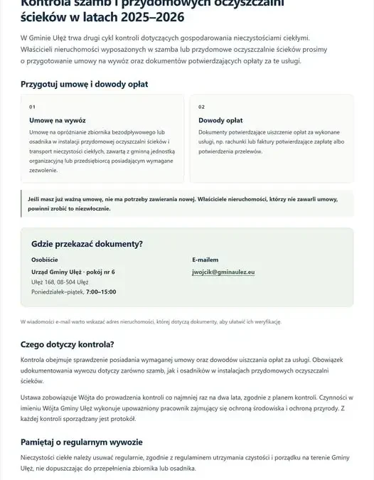 Gmina Ułęż: ruszył drugi cykl kontroli szamb i przydomowych oczyszczalni
