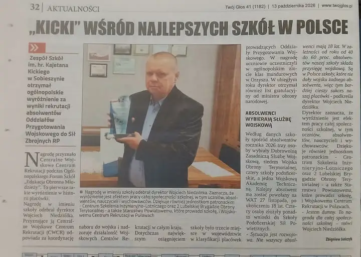 Zespół Szkół im. hr. Kajetana Kickiego w Sobieszynie wśród najlepszych szkół w Polsce