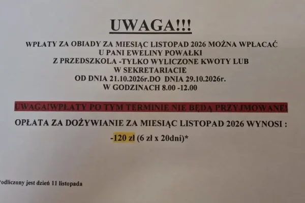 Przedszkole przypomina: wpłaty za obiady na listopad tylko do 29 października