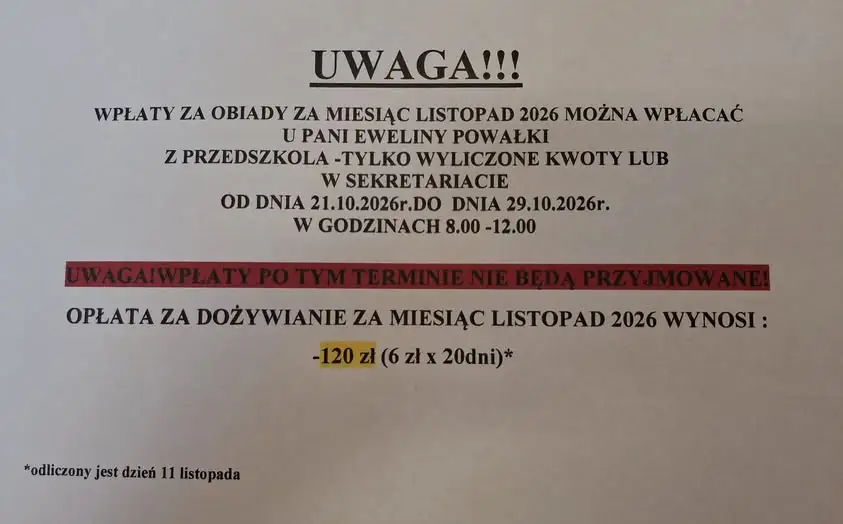Przedszkolaki i uczniowie: opłata za listopadowe obiady wynosi 120 zł