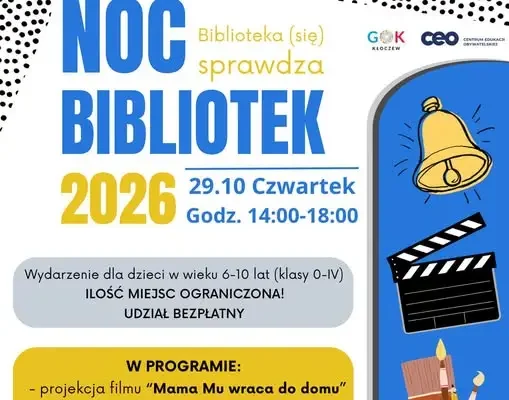 Noc Bibliotek 2026 – literackie przygody i filmowe emocje dla najmłodszych