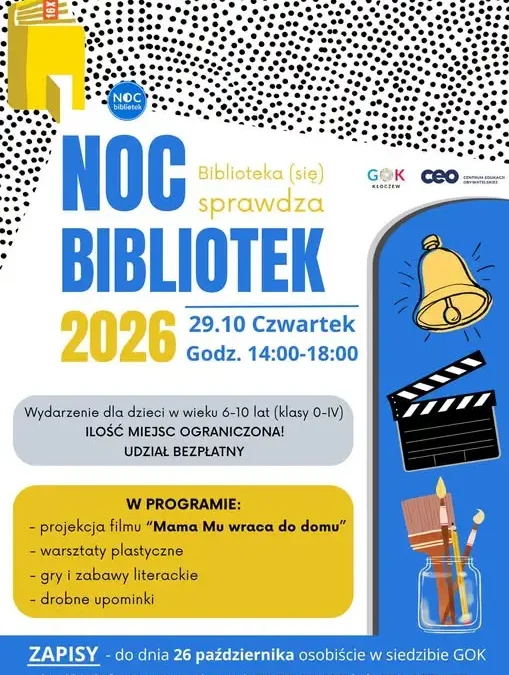 Noc Bibliotek 2026 – literackie przygody i filmowe emocje dla najmłodszych