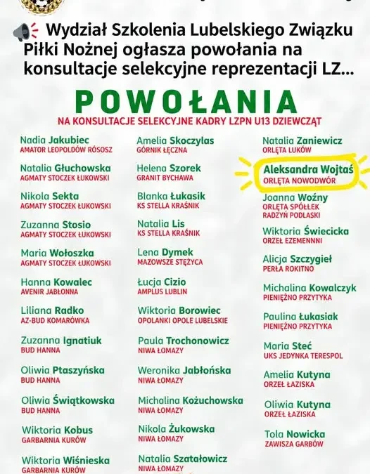 Aleksandra Wojtaś z Orląt Nowodwór powołana do kadry LZPN U13
